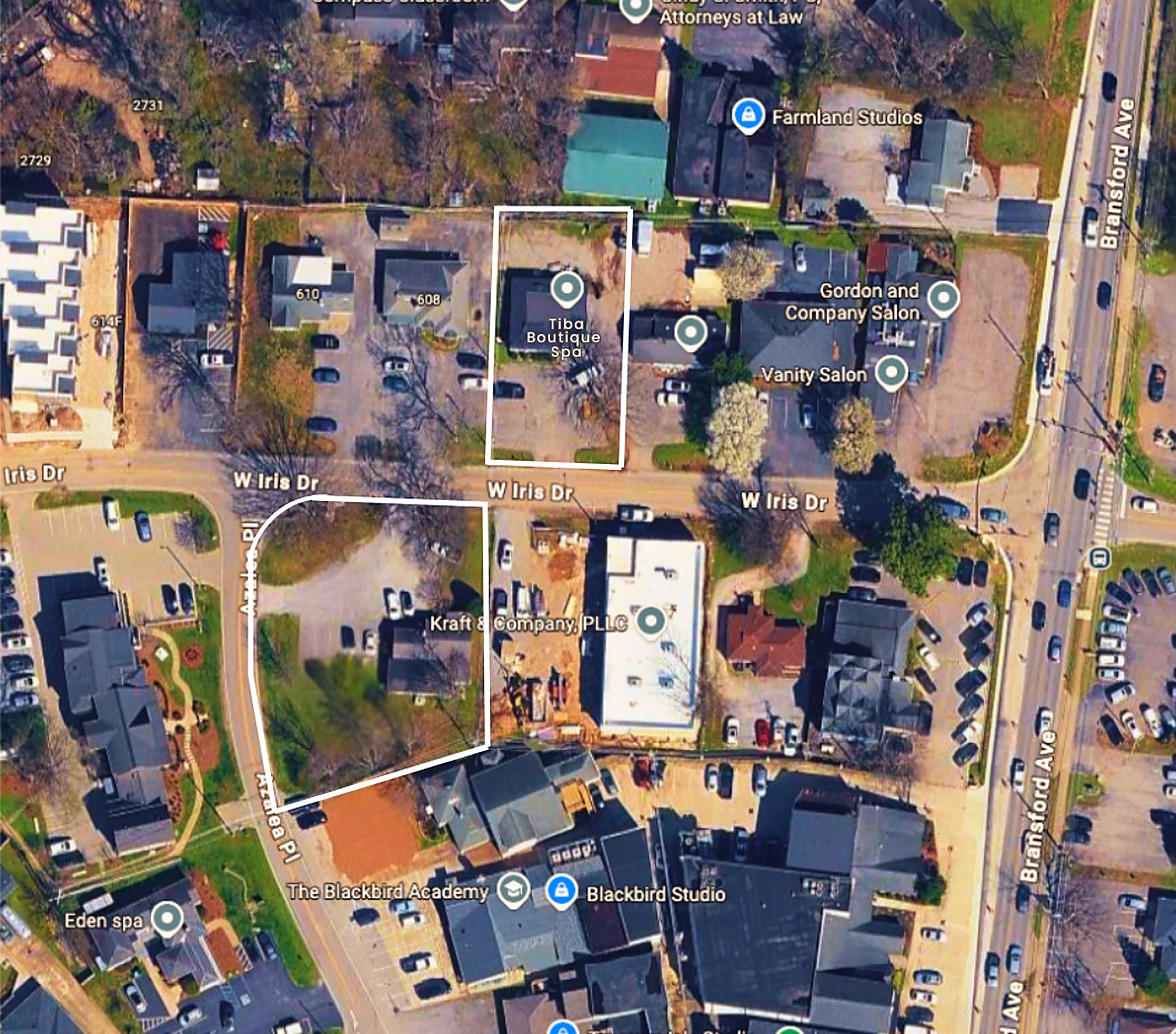 Satellite map of Berry Hill showing the 606 and 609 W Iris Drive parcels outlined in white, between W Iris Drive, Azalea Place and Bransford Avenue